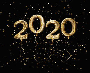 New year 2020 celebration. Golden balloons numeral 2020 and glittering confetti on the black background. Clipping path included. 