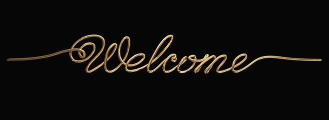 Text from gold wire "welcome". Isolated on black background, clipping path included, 3d illustration.