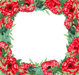 Wildflower poppy flower wreath. Watercolor background banner with red poppies and green leaves.