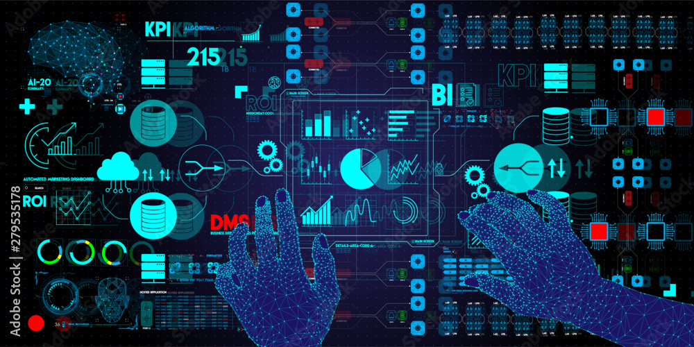 Poster Business data analytics process management with businessman hands touching connected gear cogs with KPI financial charts and graph and automated marketing dashboard.