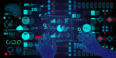 Business data analytics process management with businessman hands touching connected gear cogs with KPI financial charts and graph and automated marketing dashboard. - obrazy, fototapety, plakaty