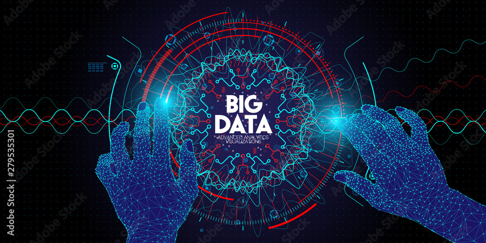 Fototapete Low polygon Hands touching Big data avanced technology and visualization with Fractal element with lines and dots array.