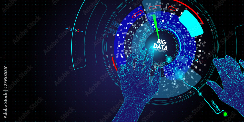 Poster Low polygon Hands touching Big data avanced technology and visualization with Fractal element with lines and dots array.