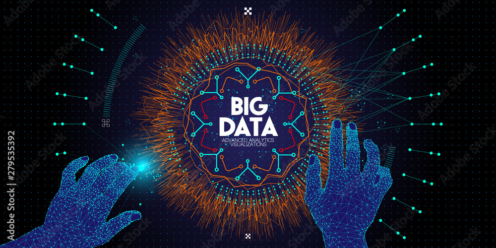 Poster Low polygon Hands touching Big data avanced technology and visualization with Fractal element with lines and dots array.