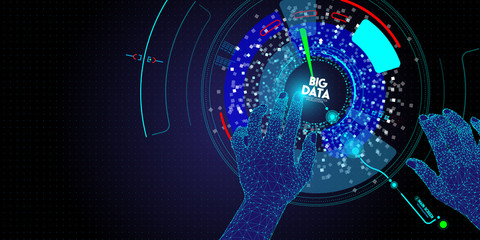 Obraz premium Low polygon Hands touching Big data avanced technology and visualization with Fractal element with lines and dots array.
