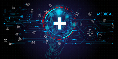 Low polygon Doctor hand with stethoscope and Ui icon medical in hospital with medical technology network concept.