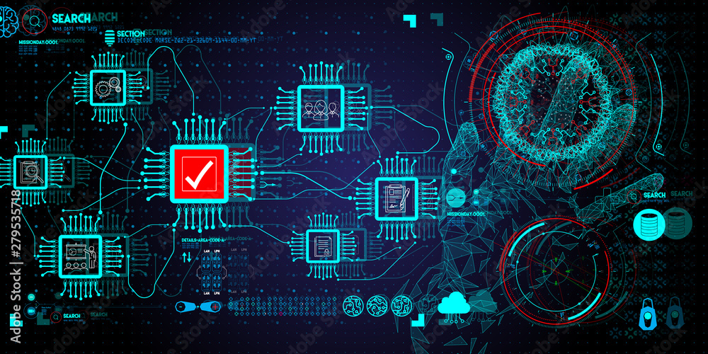 Aufkleber Low polygon Hands touching with Data Management System (DMS) and Business Analytics concept with servers connected to dashboard.