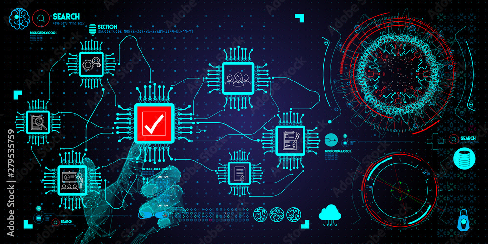 Poster Low polygon Hand touching with Data Management System (DMS) and Business Analytics concept with servers connected to dashboard.