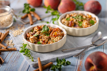 Baked oatmeal with fruit and maple syrup