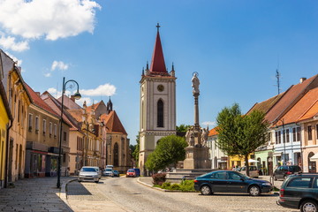 Obraz premium Blatna city. View of a old city square with church. Czech Republic.