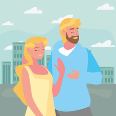 couple together characters outdoors background