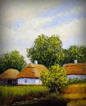 Oil paintings landscape, fine art, handmade art, house in the forest