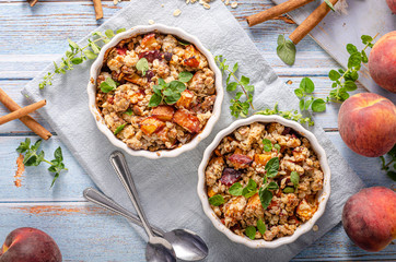 Baked oatmeal with fruit and maple syrup