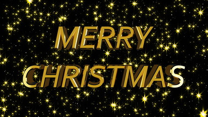 Golden shiny text Merry Christmas with many stars, modern background for New Year holidays, 3d rendering computer generated backdrop