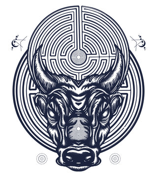 Minotaur and labyrinth tattoo and t-shirt design. Angry bull head. Myths of Ancient Greece, Minoan civilization