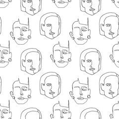 Modern seamless pattern with linear abstract woman face. Continuous line art. One line drawing. Minimalist graphic.