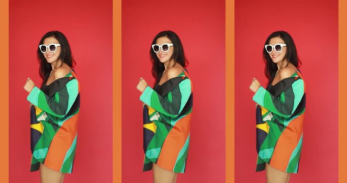 collage Girl dancing on red background