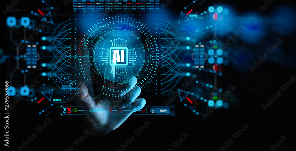 Poster Artificial intelligence (AI) with machine deep learning and data mining and another modern computer technologies UI by hand touching CPU icon.
