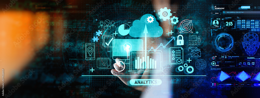 Wall mural hand touching business data analytics process management with kpi financial charts and graph and aut