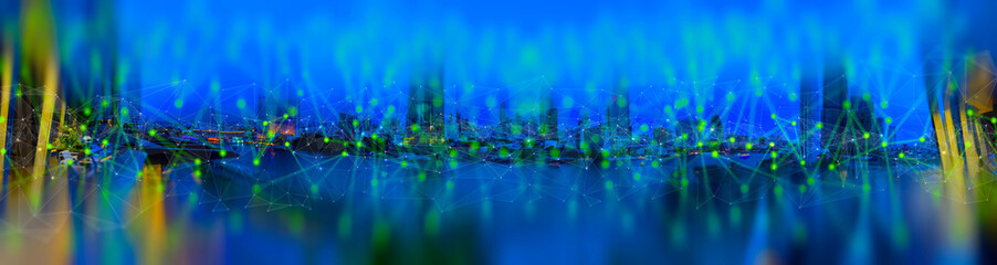 Fototapeta na wymiar Wireless network and Connection technology concept with Abstract Bangkok city background in panorama view
