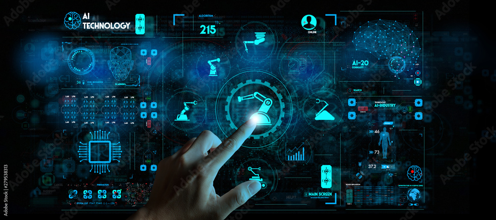 Poster Engineer hand check and control welding robotics automatic arms icon with machine in intelligent factory automotive industrial with UI monitoring system software.
