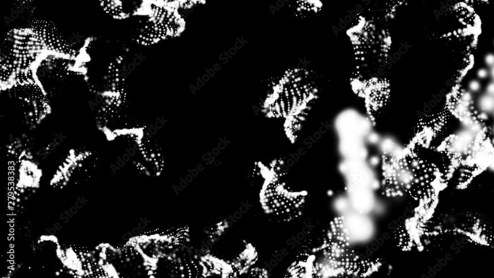 Poster waving particles in the abstract space, computer generated 3d rendering background like terrain or l