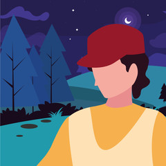 man tourist field hiking forest