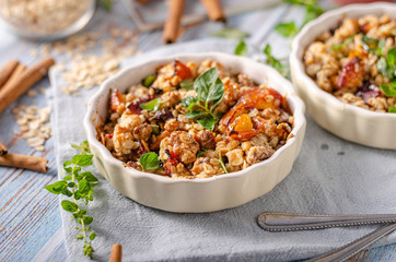 Baked oatmeal with fruit and maple syrup