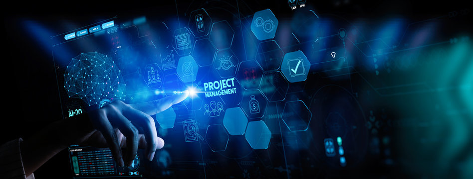 hand working with project manager and icons about planning tasks and milestones on schedule, cost management of Ui computer