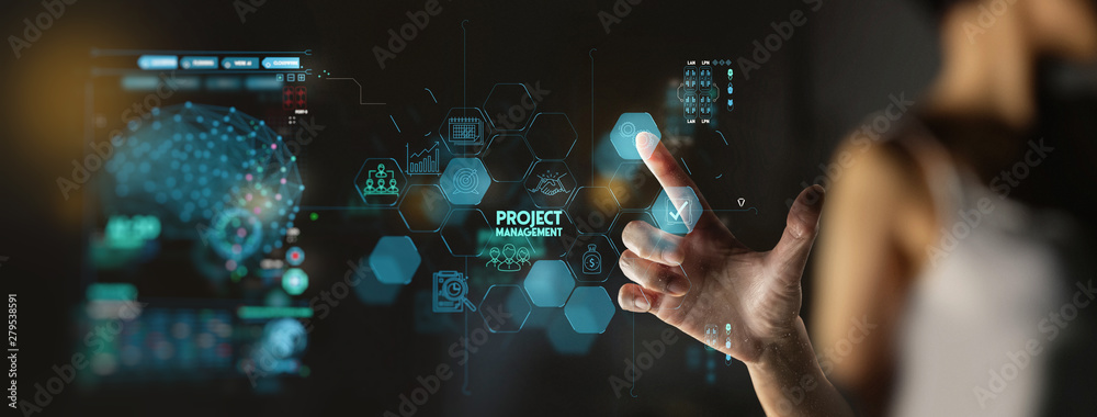 Poster businesswoman hand working with project manager and icons about planning tasks and milestones on schedule, cost management of Ui computer