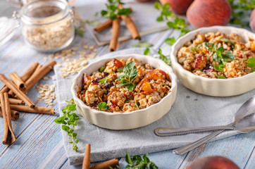 Baked oatmeal with fruit and maple syrup