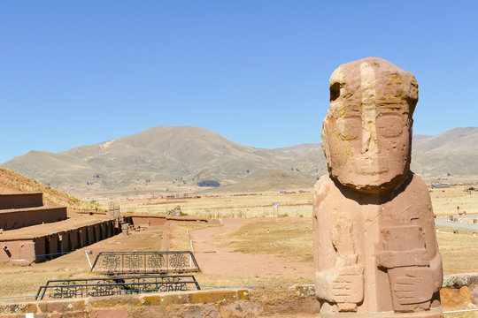 The 2000 year old archway at the Pre-Inca site of Tiwanaku near La Paz in Bolivia. Tiwanaku