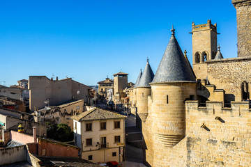 View of the small town of Olite with the famous castle on the right, the Royal Palace of Olite, Navarre, Spain,
