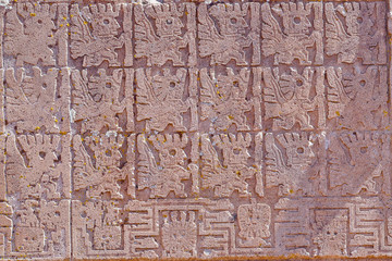 The 2000 year old archway at the Pre-Inca site of Tiwanaku near La Paz in Bolivia. Tiwanaku
