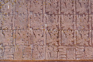 The 2000 year old archway at the Pre-Inca site of Tiwanaku near La Paz in Bolivia. Tiwanaku