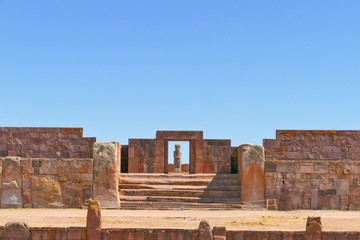 The 2000 year old archway at the Pre-Inca site of Tiwanaku near La Paz in Bolivia. Tiwanaku
