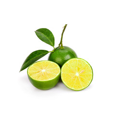 fresh lime slice with leaf on white background