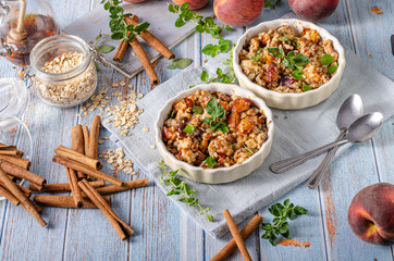Baked oatmeal with fruit and maple syrup