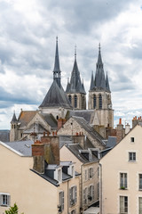 Fototapeta na wymiar Blois in France, the Saint-Nicolas-Saint-Lomer church, and view of typical roofs of the ancient city