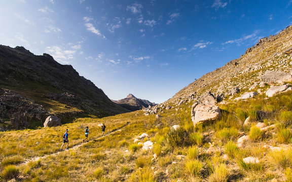 A group of runners running along a trail in the mountains.