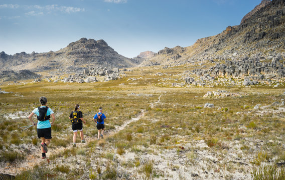 A Group Of Trail Runners Running Along A Mountain Trail