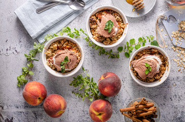 Baked oatmeal with fruit and maple syrup