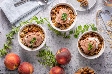 Baked oatmeal with fruit and maple syrup