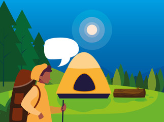 man with tent camping hiking