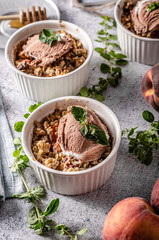 Baked oatmeal with fruit and maple syrup