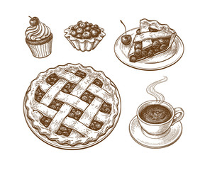 Cakes and pies with fresh berries.