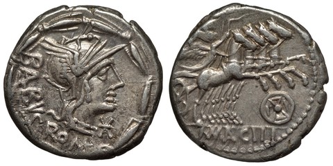 Rome Roman Republic silver coin denarius 125 BC, helmeted head of Rome right, Jupiter and Victoria in chariot pulled by four horses, round symbol of denomination below,