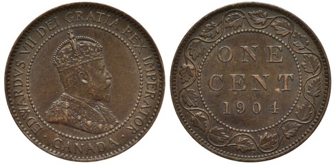 Canada Canadian coin 1 one cent 1904, bust of King Edward VII right, denomination and date within maple leaves circle, 