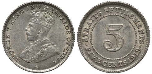 British Straits Settlements silver coin 5 five cents 1919, bust of King George V left, digit of denomination within beaded circle,
