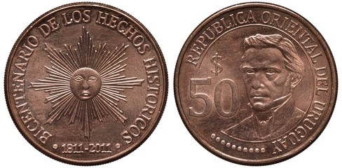 Uruguay Uruguayan coin 50 fifty peso 2011, subject Bicentenary of Historic events of 1811, radiant sun in center, bust of Bolivar right to denomination,